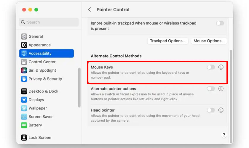 Tắt Mouse Keys trong Accessibility