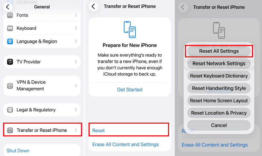 Đặt lại cài đặt để loại bỏ những thiết lập xung đột gây màn hình iPhone bị lỗi màu
