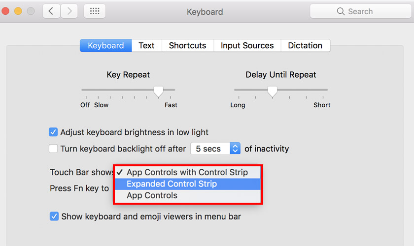 Kiểm tra cài đặt Touch Bar trong Keyboard Settings