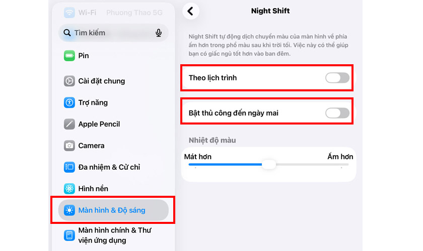  Tắt Night Shift và kiểm tra lỗi nhòe màu còn hay không