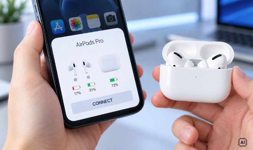 Kiểm tra phần trăm pin hộp sạc và tai nghe